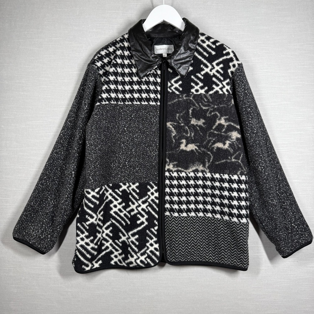 Audrey Celine Jacket Women Large Black White Faux Leather Collar Mixed Pattern